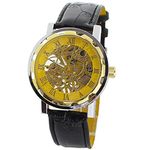 Broadfashion Classic Men's Black Faux Leather Skeleton Army Sports Mechanical Wrist Watch (Golden)