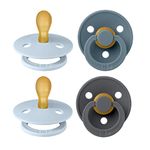 BIBS Colour Symmetrical Soother 4-Pack, BPA Free Dummy Pacifier, Symmetrical Nipple. Natural Rubber Latex, Made in Denmark. 0-6 Months (Pack of 4), Baby Blue Mix