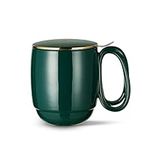 ZENS Tea Infuser Mug with Lid, Porcelain Entwined Handle Loose Leaf Tea Cup, 480ML Gold Trim Tea Steeping Mug for Home or Office, Dark Green