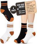 Forever Bambe - Retro Mini Crew Socks for Women Soft Terrycloth Cushioned Bottom Striped Socks, Retro Athletic Quarter Calf Gym Socks (4-Pack) White & Black Ankle Socks With Brown Stripe