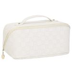 Awestuffs Luxury Cosmetic Bag - Makeup Bag, Portable Waterproof PU Leather Make Up Bag, Travel Makeup Bag Flat Lay Cosmetic Bag Makeup Organizer Bag with Handle and Divider (White Checks)