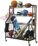 Tutengelctri Garage Sports Equipment Organizer, Ball Storage Rack, Sports Gear Basketball Storage with Baskets and Hooks, Outdoor Heavy Duty Storage Rolling Cart Football Rugby Organizer