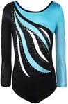 ESHOO Girls One-Piece Striped Gymnastics Ballet Leotards Shinning Diamond Embroidered (Blue Long Sleeve 9-10Y)