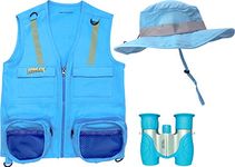 M/L 3 Piece Light Blue Set Cargo Vest with Reflective Safety Straps, 1 8x21 Magnification Binoculars and Safari Hat for Boys and Girls (Medium/Large, Light Blue Vest, Hat and Light Blue Binoculars)