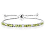 Gem Stone King 925 Sterling Silver Green Peridot & White Diamond Tennis Bracelet For Women | 2.05 Cttw | Gemstone Birthstone | Fully Adjustable Up to 9 Inch, One Size, Sterling Silver, Peridot
