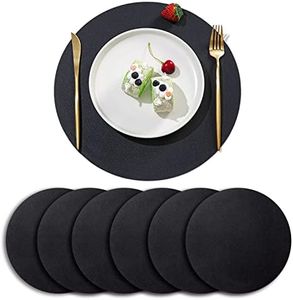 YONOVO 6Pack Faux Leather Placemats Set, Black Round PU Dinning Table Mats, Wipeable Easy to Clean Stain Resistant Heat Resistant Waterproof Place Mats Durable Plate Mats for Table Nordic Style(Black)