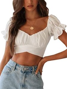 LYANER Women's Ruffle Short Sleeve Tie Up Back Crop Top Off Shoulder Bardot Blouse, White, Small