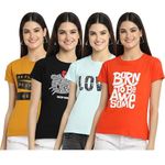 Preneum Women's 4-Pack Essential Cotton Tees with Yellow & Black & White & Sky Blue & Orange Color | Timeless Regular Fit with Ultra-Soft Fabric | Perfect for Layering, Lounging, or Casual Outings