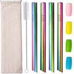 Reusable Bubble Tea Straws Metal Boba Smoothie Straw Stainless Steel Straws Extra Wide Thick Milkshake Jumbo Straws Angled Tip Sharp With Carry Bag Silicone Tips Cleaning Brush 12mm 0.5" 4 Pcs Rainbow