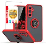 TJS Compatible for Samsung Galaxy A54 5G Tough Mobile Phone Case, with Tempered Glass Screen Protector, Defender Metal Ring Magnetic Support Kickstand Heavy Duty Drop Protector Cover (Red)