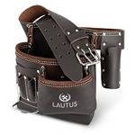 LAUTUS 5 Pocket Oil Tanned Leather Tool Belt - Multifunctional Tool Pouch/Bag/Apron Carpenter, Construction, Framers, Handyman, Electrician | 30-Inch to 46-Inch | Brown| Hammer Holder| Built Tough|