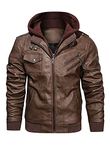 HOOD CREW Men’s PU Faux Leather Motorcycle Bomber Jacket With a Removable Hood Brown XL