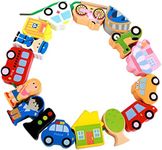 KANCAI Wooden City Figures and Cars Lacing Stringing Beads Toys Threading Toddler Montessori Toys for Above 3 4 5 6 Years Old Kids