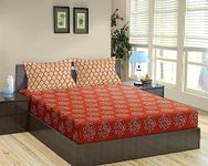 Trance Home Linen 200 TC 100% Cotton Queen Size Printed Bedsheet | Bedding Set of Queen Size Flat Bed Cover with 2 Pillow Covers (86x104 inch | 7.1ft x 8.6ft - Damask & Dori - Clay Red)