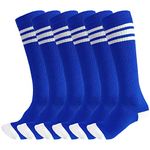 3 Pairs of juDanzy Knee High Boys or Girls Stripe Tube Socks for Soccer, Basketball, Uniform and Everyday Wear, Blue With White Stripes(3 Pairs), 4-6 Years