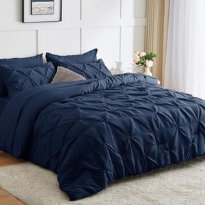 CozyLux King Size Comforter Set - 7 Pieces Comforters King Size Navy Blue, Pintuck Bed in A Bag Pinch Pleat Bedding Sets with All Season Comforter, Flat Sheet, Fitted Sheet and Pillowcases & Shams