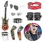 FASBET 11Pcs Rock Star Heavy Metal Set for Men Kids, includes 1 glasses 2 sleeves 2 rings 2 bracelets 2 gloves 1 inflatable guitar 1 headband, Disco Rock Star Fancy Dress Kids Boys and Girls Costume