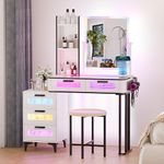 MDGC RGB Make Up Vanity with Wireless Charging Station,7 Dynamic&7 Static Dimmable Vanity Desk with Swivel Mirror and Lights,Makeup Vanity Table with Stool,5 Drawers,Glass Top,Open Shelf