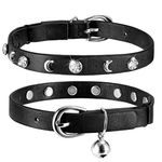 Leather Cat Collars Bell,Cats Safety Collar with Elastic Strap, Adjustable Kitty Collar for Cats, Personalized Moon & Rhinestone 7-10 Inch Length for Cats, Kitten & Puppy (1 Pack Black)