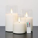 Eywamage Clear Glass Flameless Candles with Remote Set of 3, White Flickering Battery Operated LED Pillar Candles Φ 3" H 4" 5" 6"