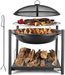 SereneLife 26" Outdoor Fire Pit with BBQ Grill, Mesh Screen, and Wood Storage – Heavy-Duty Steel Frame, Heat-Resistant – Ideal for Bonfires, Camping, and Outdoor Cooking