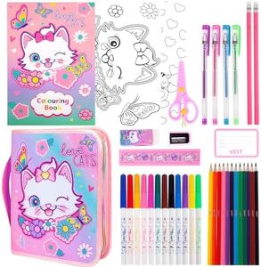 PinkSheep Juego de marcadores con estuche de lápices y papelería de gato de purpurina, suministros de arte kits para colorear para niños, regalos de cumpleaños para niñas de 4 a 12 años