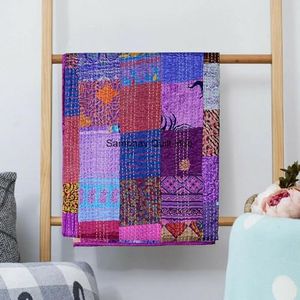 Colcha vintage hecha a mano de seda Sari Patchwork Kantha, colcha decorativa para el hogar, colchas hippie, tamaño king (morado, 108 x 108 pulgadas)