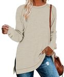 YSYOKOW Women Crewneck Sweatshirt Long Sleeve Pullover Fashion Side Slit Tunic Tops for Leggings(Beige, XX-Large)