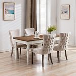 HomeTouch Lux Velvet Upholstered Kitchen Dining Chairs Set of 4 Tufted High Back Bedroom Office Chairs with Oak Wood Legs, Hand Made (4, Beige)