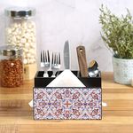 Reinvention Factory Wooden Cutlery Holder I Countertop Organizer - Spoon Fork Knife Napkin Tissue Paper I Desk Supplies Pencil Pen Stationery Stand I Home & Kitchen I Size 7” X 5” X 4” Turkish Mandala