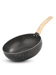 BERGNER Earth Black Non-Stick 24cm Wok, 3 LTR Wok with Long Wooden Finish Soft Touch Handle, 2.5 mm Thickness, Consumes Less Oil, Even Heat Distribution, White Marble Splatter, Induction Bottom