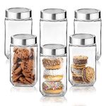 Croco Square Shape Transparent Glass Jars & Containers With Airtight Steel Lid For Kitchen Pantry,Snacks,Masala,Pickles,Dry Fruits,Coffee Beans Storage With See Through Steel Lid (1000Ml) (Set Of 6)