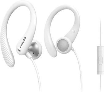 Philips Sports Headphones A1105WT/00 with Microphone, in-Ear Headphones (Flexible Ear Hook, Bass Beat Vent, IPX2 Sweat Resistant, Secure Fit, in-Line Remote Control) White – 2020/2021 Model