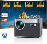 Projector 4K with Android TV, 600 ANSI Smart Projector with WiFi and Bluetooth Native 1080P, Auto Focus/Keystone, Zoom, Dust-Proof, Outdoor Projector with Netflix/YouTube Built-in, 8000+ Apps