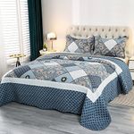 Qucover Quilted Bedspread Polyester Microfiber Blue Floral Patchwork Pattern Bedspread and Pillow Shams, Lightweight Soft Coverlet Quilted Throw for King Bed 250x270 cm