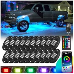 20 Pods RGB LED Rock Lights for Semi Trucks Offroad Pickup Trailer Sedan Boat, 12V Waterproof Dual Zone APP/RF Control Music Mode Brake Light Red Green Blue Underglow Neon Kit with Extension Wires