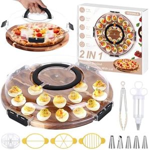 2026 Upgraded Wood Deviled Egg Platter with Lid Easter Gifts 24 Holes Round Deviled Egg Charcuterie Board Tray Holder Carrier with Egg Slicer Kitchen Tongs Piping Decorating Kit for Party Easter