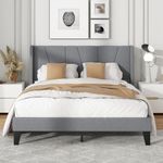 Giantex Queen Bed Frame with Wingback Headboard, Modern Upholstered Platform Bed with 2 Side Storage Pockets and Wooden Slats, No Box Spring Needed, Bed Frame Queen Size (Grey, Queen)