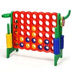 COSTWAY Giant Connect 4, 3-in-1 Indoor Outdoor Family Game with Basketball Hoop, Ring Toss, 42 Jumbo Rings, Quick-Release Slider, Four in A Row Game Set for Kids Adult (Green)