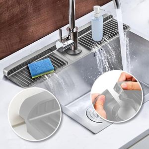 Koureik 17.7 inch Faucet Mat for Kitchen Sink, 6° Slope Sink Splash Guard with Fasten Button Lock, Foldable Silicone Faucet Guard & Draining Mat for Kitchen Bathroom Sink Area, DarkGray