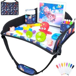 COOLBEBE Kids Travel Tray for Toddler Car Seat, Travel Tray for Airplane, Lap Tray with Storage, Portable Carseat Table Tray for Kids, Blue Space