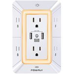 3-Sided Power Bars with Surge Protector, POWRUI 6-Outlet Extender with 3 USB Ports (1 USB C) and Night Light, Multi Plug Outlet and Spaced Outlets Adapter, ETL, White