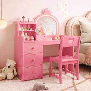 GarveeHome Kids Vanity Desk with Mirror and Lights, Pink Princess Wooden Makeup Vanity with Chair, Storage Shelves and Drawers, 2-in-1 Girls Dressing Table