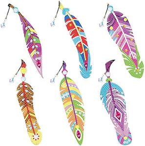Antor 6 Pack Feather Shaped Diamond Painting Bookmarks Kit with Crystal Tassel Pendants, DIY Diamond Art Bookmark Craft Kits for Adults Beginners