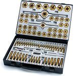 86-Piece Master Tap and Hex Die Set, Premium Titanium Coating | SAE Size #4 to 5/8”, Metric Size M3 to M16 | For All Coarse, Fine, Pipe Threads | Complete with Holders, Stocks, Gauges and Metal Case