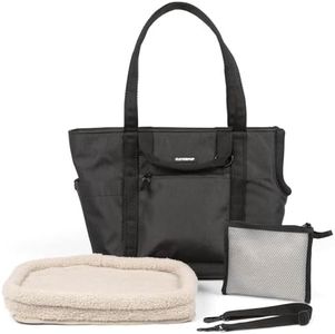 CLEVERPUP Transit Tote Dog Carrier for Small/Medium Dogs 8-20 lbs, 19x12x9 Soft-Sided 4-Pc Set with Waterproof Base, Plush Insert, Food Pouch, Mesh Head Opening - Medium, Graphite