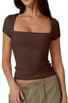 Vozobi Women's Square Neck T Shirts Short Sleeves Double Lined Basic Tee Slim Fit Sexy Y2K Tops Brown