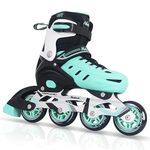 Teal Inline Skates for Youth Girls Women, 4 Sizes Adjustable Blades Roller Skates with Ankle Support, Adjustable Strap, 80mm Wheels and Soft Boot Fit for Skating, Roller Derby, Street Hockey