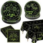 Video Game Party Decorations - Green Gaming Birthday Decorations Includes Game On Plates, Napkins, Tablecloth, Birthday Decorations for Boys Level Up Birthday Decorations Gamer Decorations, Serve 40