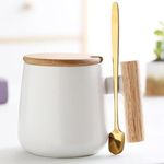 BonZeal Ceramic Royal Classy Mug with Wood Lid Steel Spoon White Birthday Gift for Girls, Birthday Gift for Women, Wedding Gifts Pack of 1 385 ml